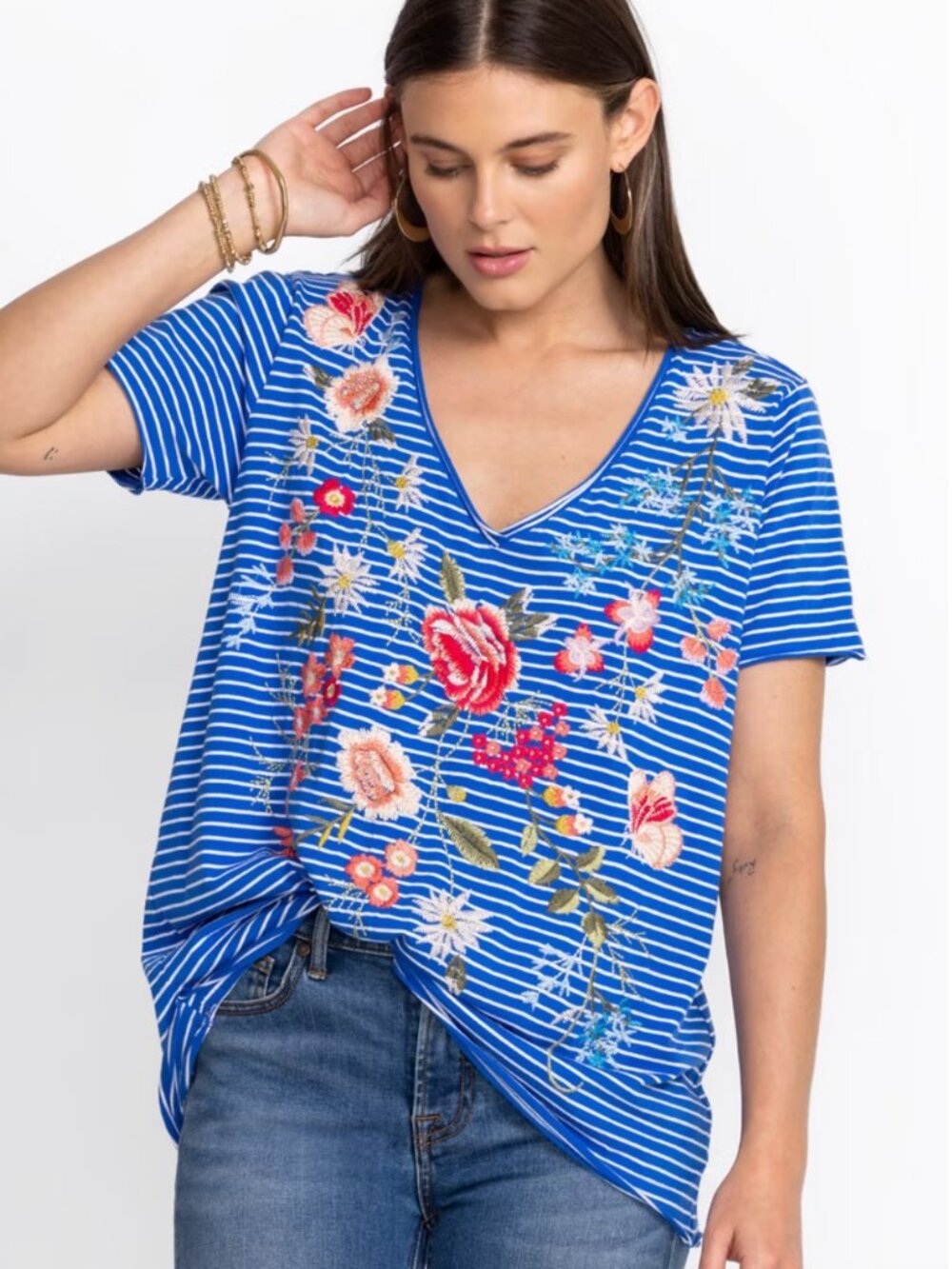 Johnny Was Catalina Everyday Boho Blue White Stripes w/ Floral Embroidery Tee M